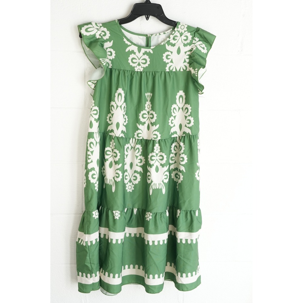 Shein Tiered Dress Women Large‎ Green White Flutter Sleeve Damask Print Babydoll